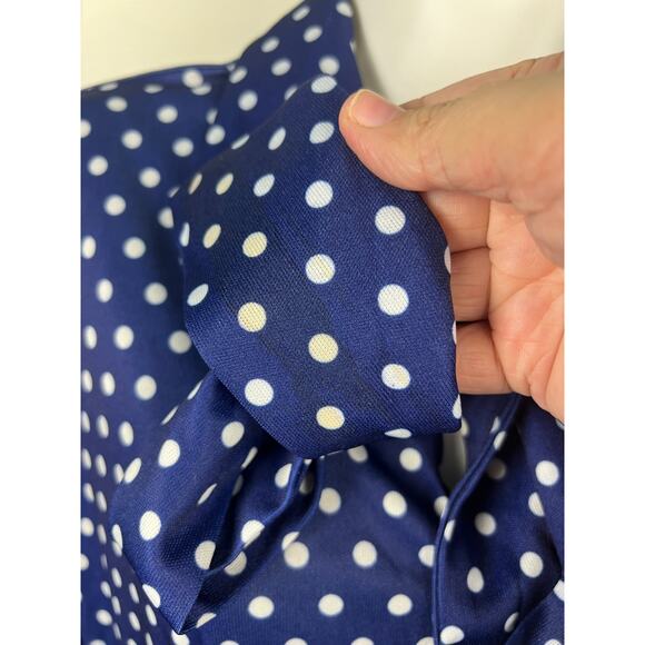 Montgomery Ward 70s does 50s Blue Polka Dot Dress Bow Neck Knit Sz 8 S/M - Picture 6 of 9